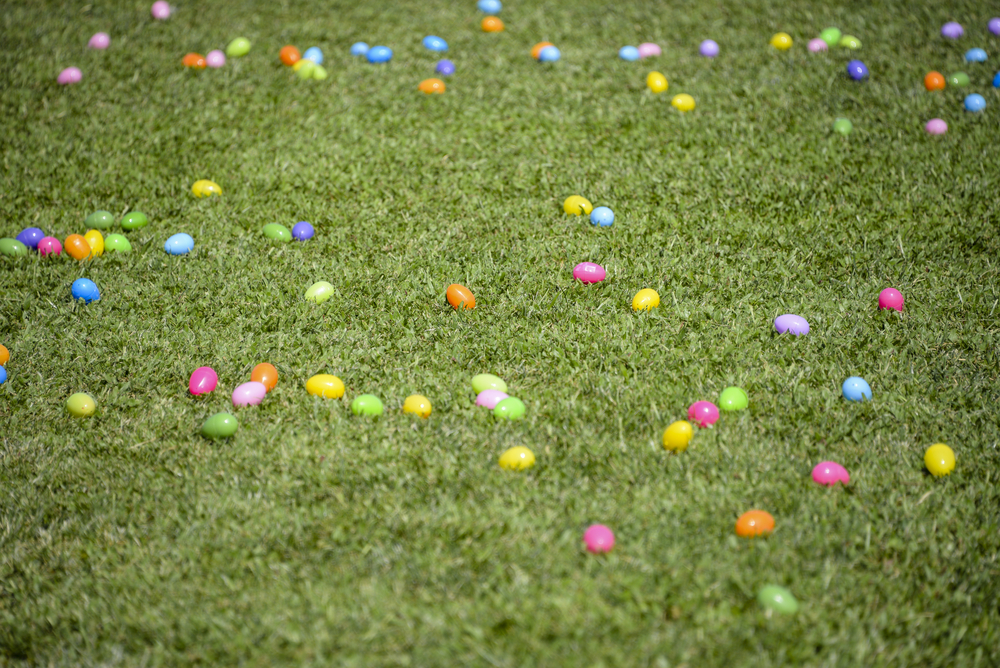 Plastic easter eggs in green grass